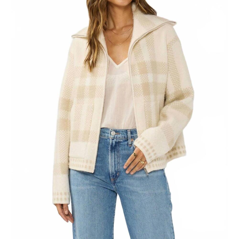 NEW LOVESTITCH plaid knit zip-up bomber jacket in ivory